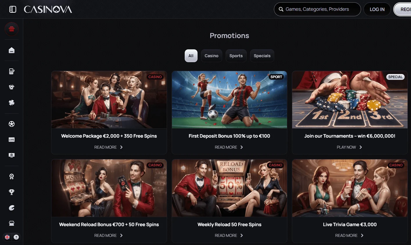 Casinova Casino desktop promotions area with cashback, tournaments and bonus features