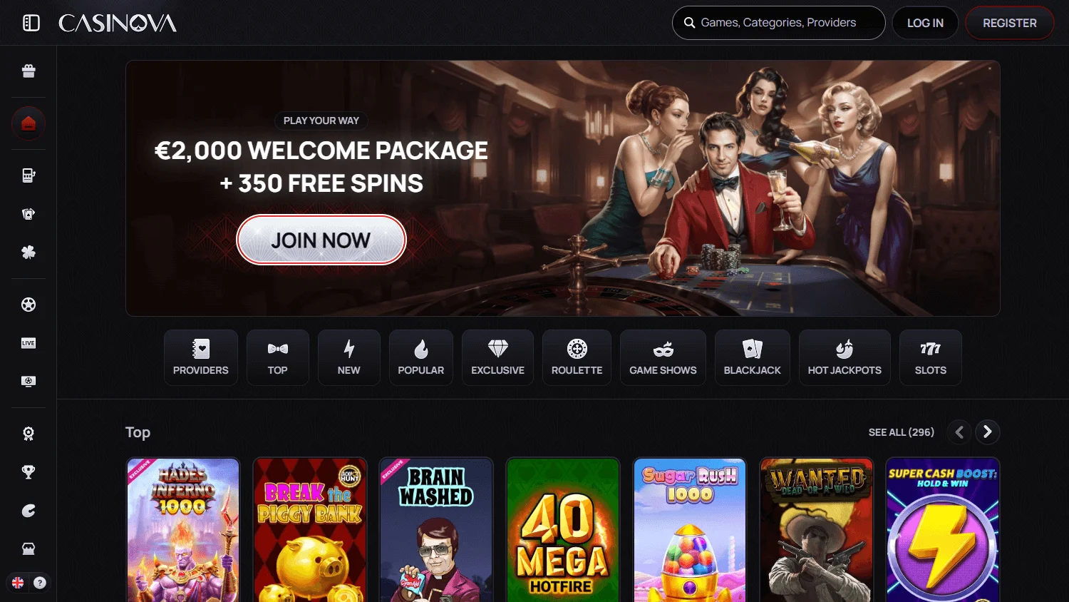 Casinova Casino desktop home with casino access and welcome package information