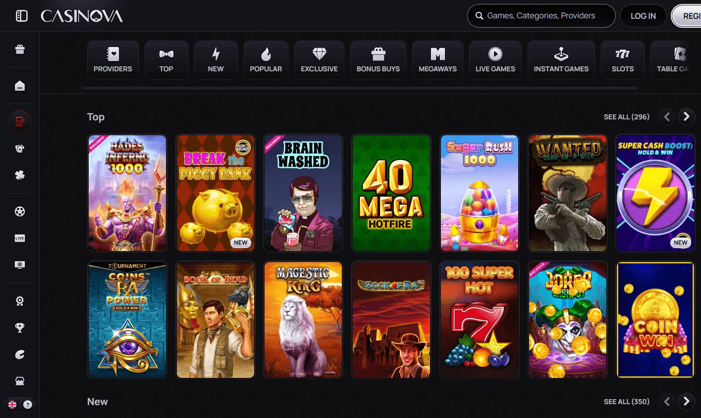 Casinova Casino desktop games area with casino, live dealer and provider options