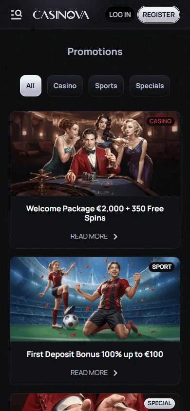 Casinova Casino mobile promotions area with tournaments, cashback and bonus features