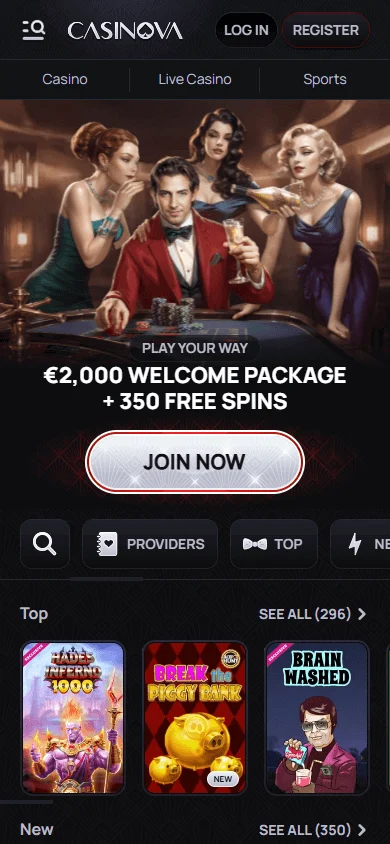 Casinova Casino mobile-optimised home website on a smartphone