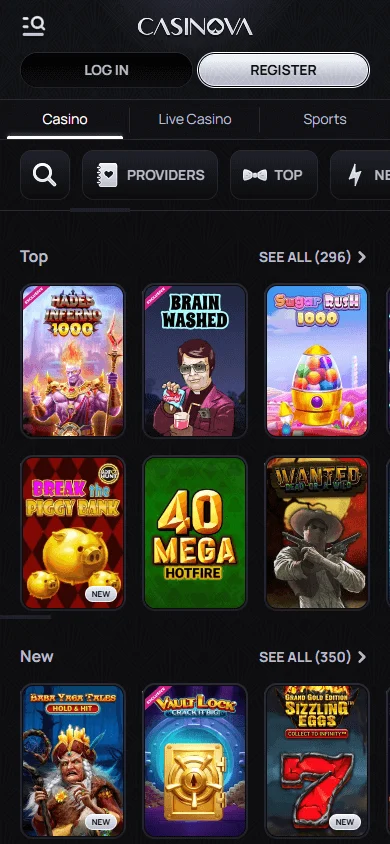 Casinova Casino mobile games area with casino and live game choices